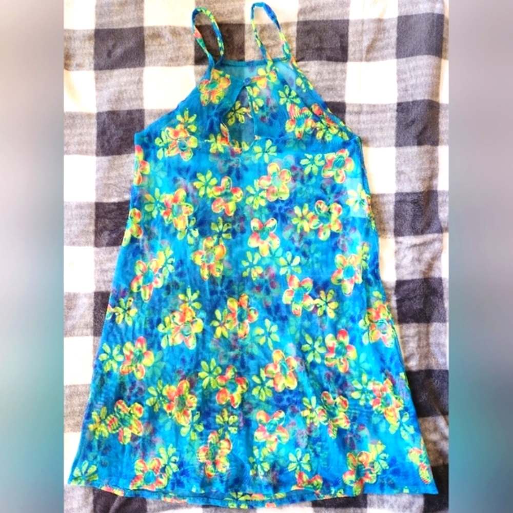 Tropical sheer swimsuit cover -Blue/Yellow/Orange Floral - Size small - Picture 3 of 6
